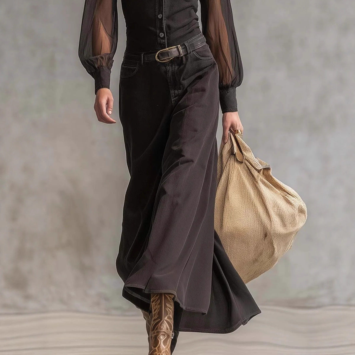 Long Sleeve See-through Blouse Collar Button Mesh Dress