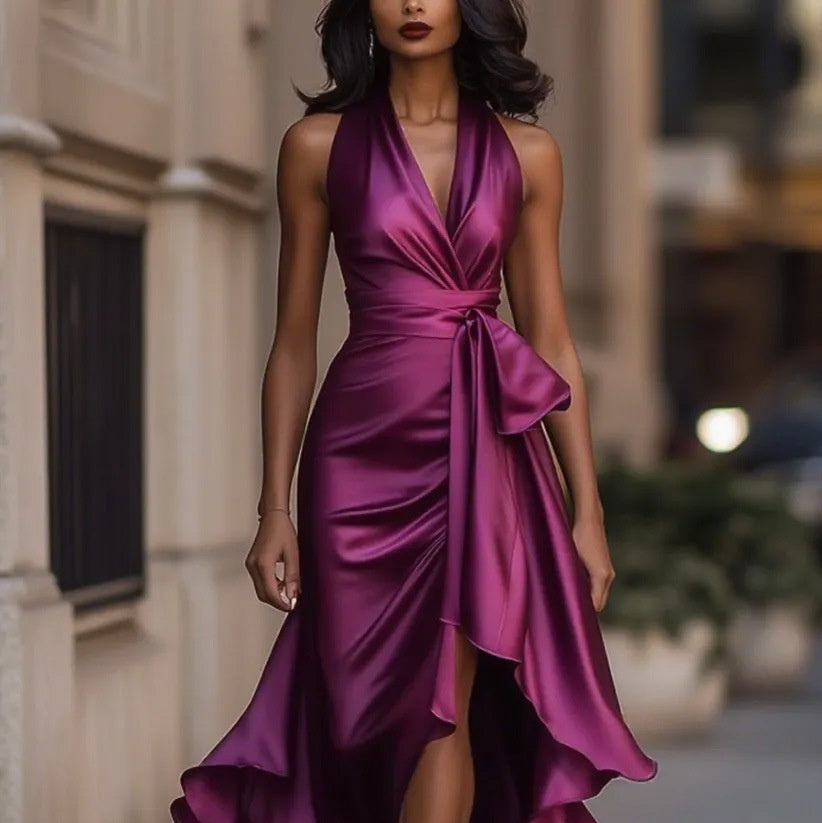 Veloria™ – Asymmetric Satin Elegance Dress