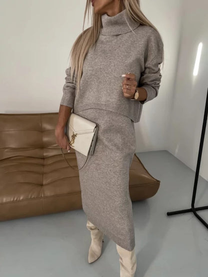Duova™ Knit Elegance Set – Turtleneck Sweater & Long Dress Duo
