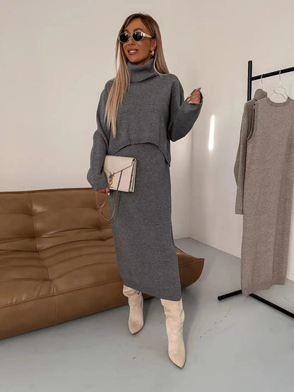 Duova™ Knit Elegance Set – Turtleneck Sweater & Long Dress Duo