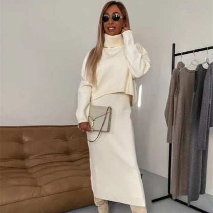 Duova™ Knit Elegance Set – Turtleneck Sweater & Long Dress Duo