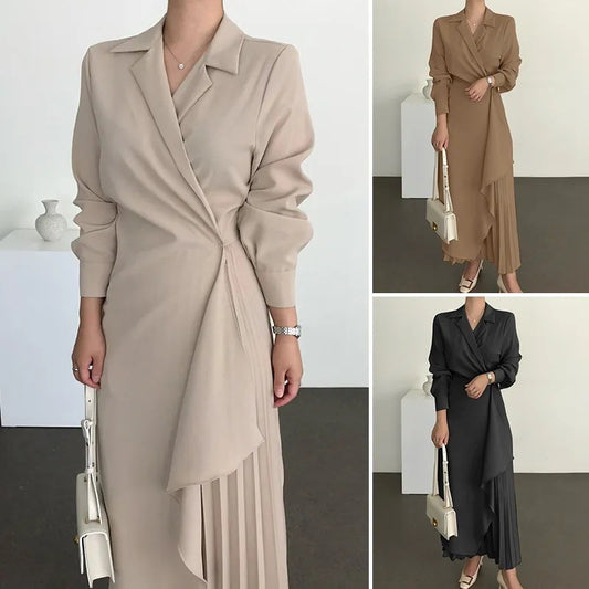 Women's Formal Elegant Shirt Retro Long Solid Color Suspender Skirt Long Waist Dress