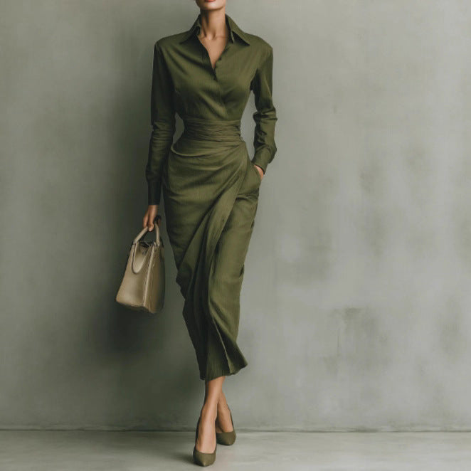 Verde Élan™ – Sculpted Elegance Lapel Dress