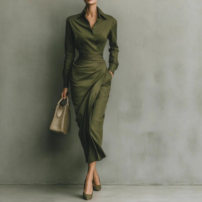 Verde Élan™ – Sculpted Elegance Lapel Dress