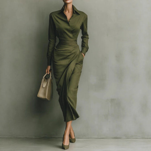Verde Élan™ – Sculpted Elegance Lapel Dress