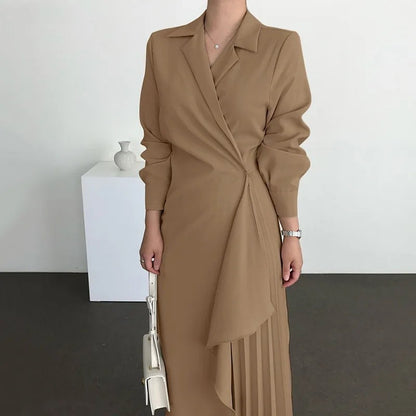 Women's Formal Elegant Shirt Retro Long Solid Color Suspender Skirt Long Waist Dress
