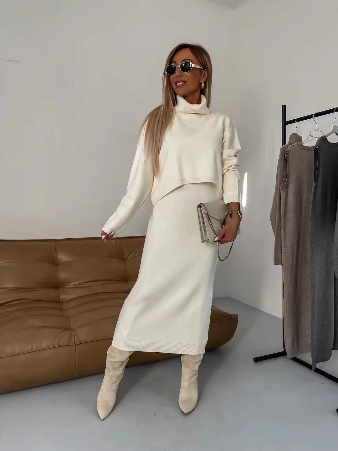Duova™ Knit Elegance Set – Turtleneck Sweater & Long Dress Duo