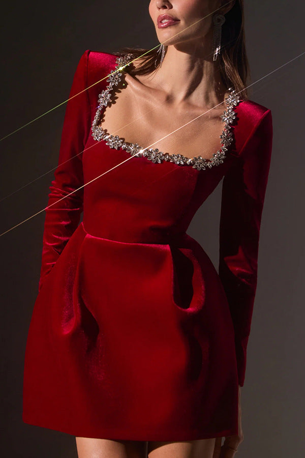 Seana™  Square Collar Velvet Dress