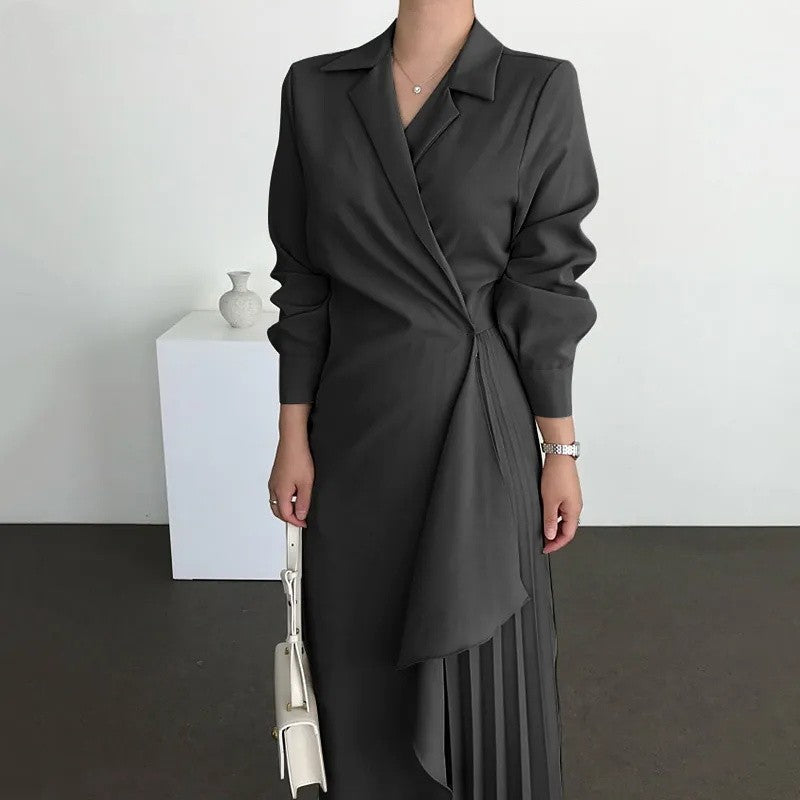 Women's Formal Elegant Shirt Retro Long Solid Color Suspender Skirt Long Waist Dress