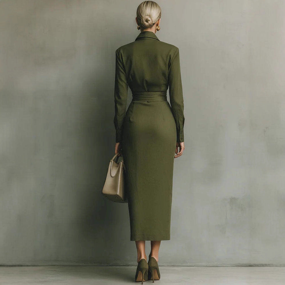 Verde Élan™ – Sculpted Elegance Lapel Dress