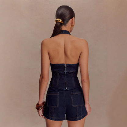 Halter Fashion Denim Suit Shorts