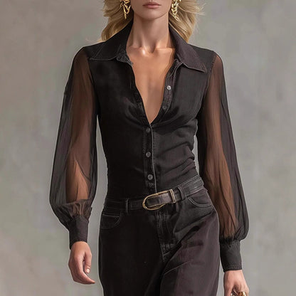 Long Sleeve See-through Blouse Collar Button Mesh Dress