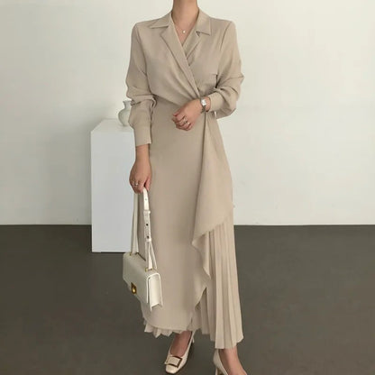 Women's Formal Elegant Shirt Retro Long Solid Color Suspender Skirt Long Waist Dress