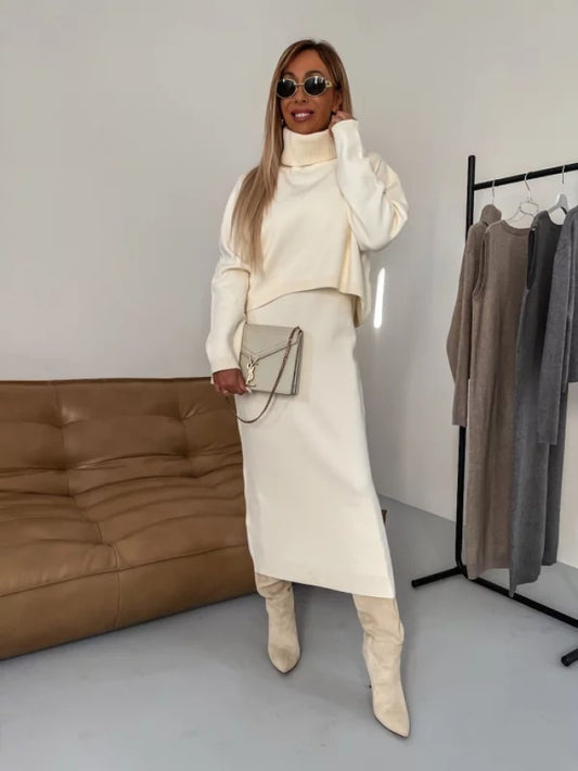 Duova™ Knit Elegance Set – Turtleneck Sweater & Long Dress Duo